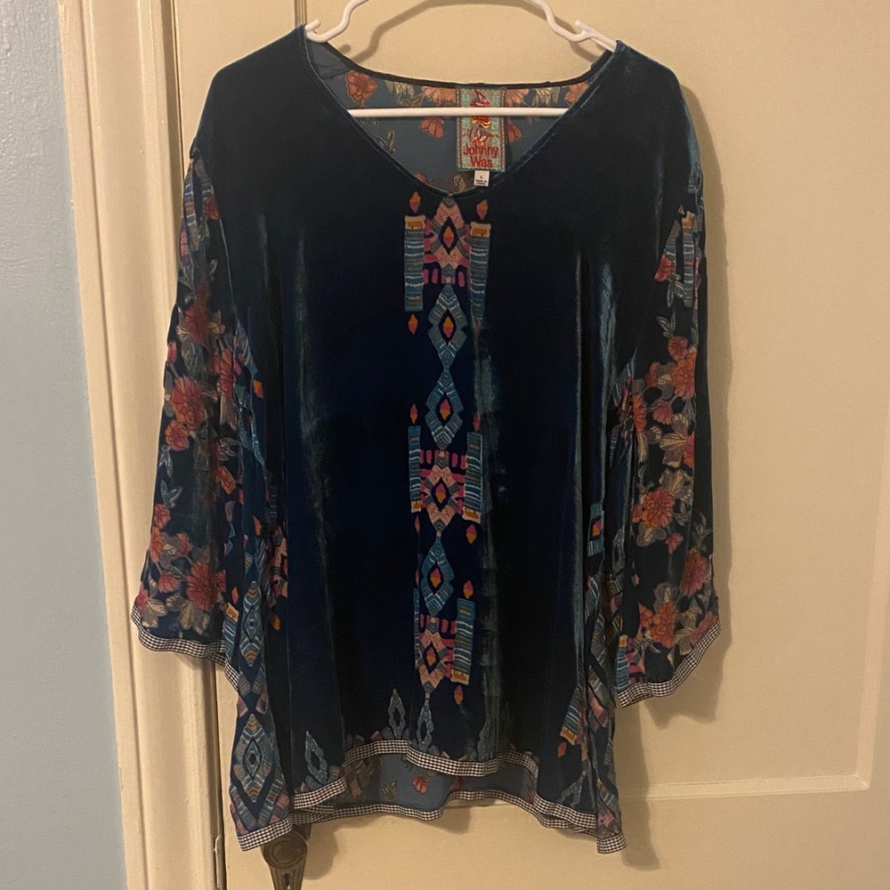 Johnny Was Navy Velvet Tunic with Multicolor Embroidery